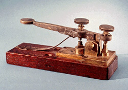 Morse/Vail telegraph key, 1844. This key was used to send the message What Hath God Wrought on the experimental line between Washington, DC and Baltimore, Maryland. (Smithsonian Photo by Alfred Harrell.)