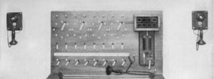 Model of the first commercial telephone switchboard, installed in New Haven, Connecticut in 1878 (from Beginnings of Telephony by Frederick Leland Rhodes, Harper & Brothers, 1929).