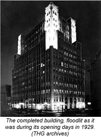 The completed building, floodlit as it was during its opening days in 1929. (THG archives)