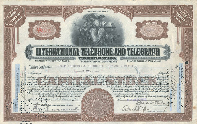 Details about   1970's INTERNATIONAL TELEPHONE & TELEGRAPH STOCK Blue 100 Shares ORIGINAL Xlnt+ 
